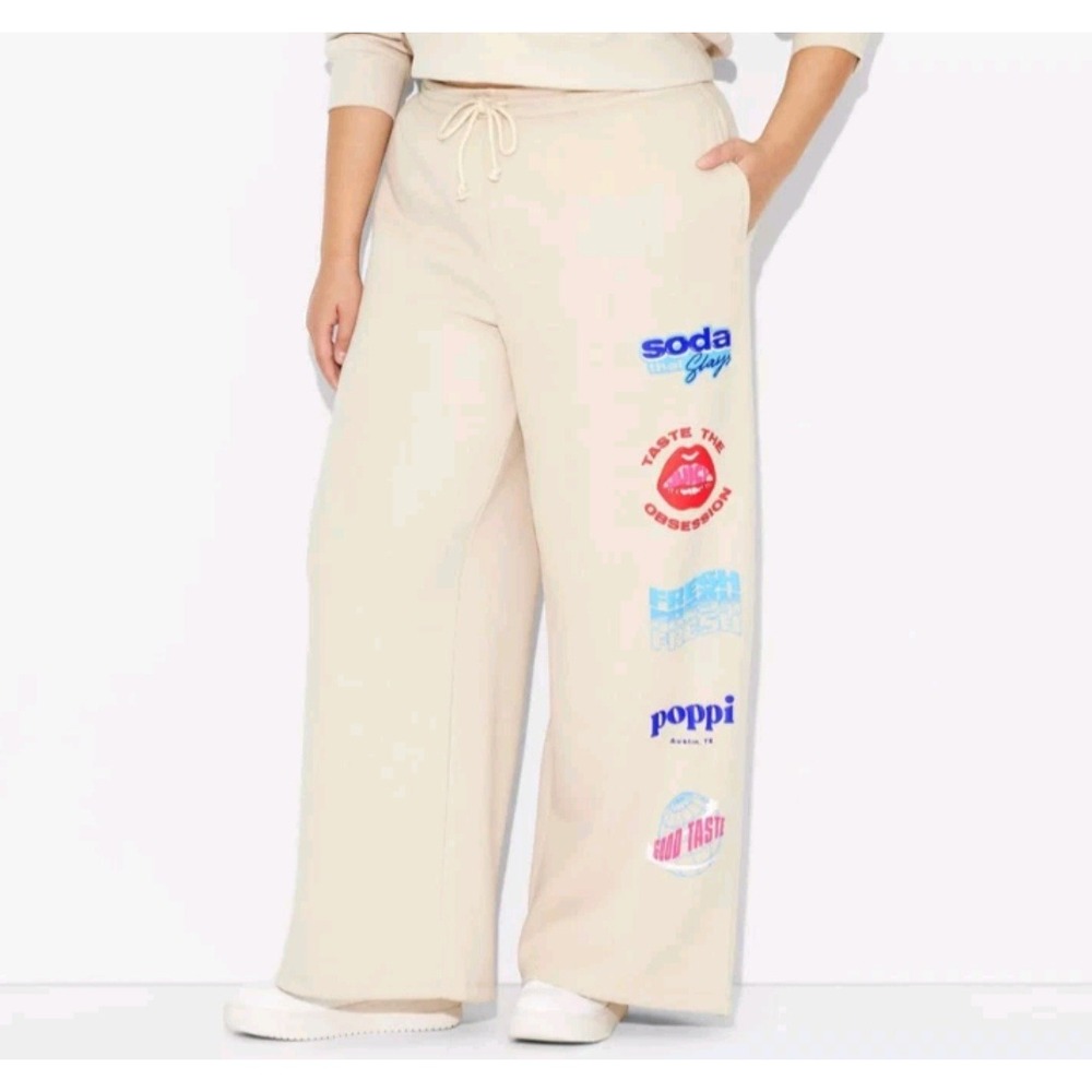 Poppi Austin TX Soda Graphic Wide Leg Sweatpants Cream Tan Small RN170764